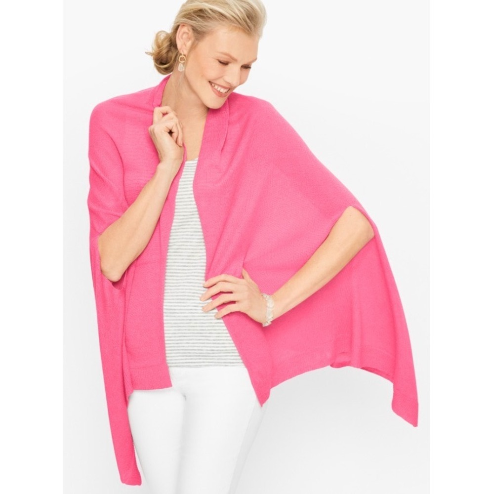 Talbots Linen Blend Ruana Cardigan Women M/L Hot Pink Barbie Travel Wrap Drape